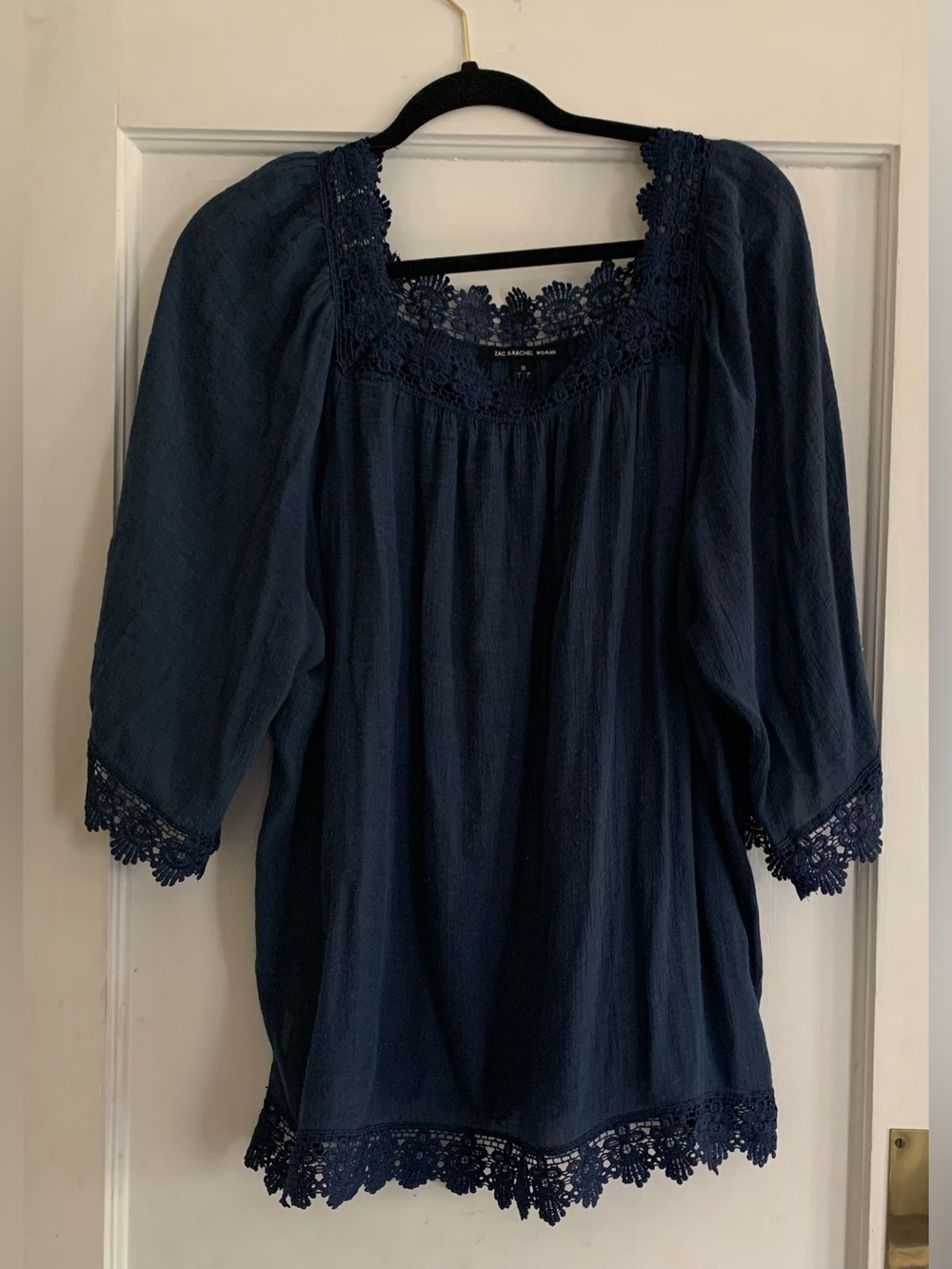 Zac & Rachel Semi Sheer Square Neck Crochet Blue Blouse Bell Sleeves Gypsy Drama - Picture 2 of 13